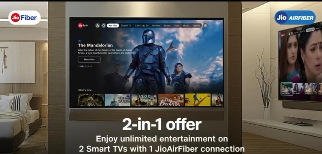 जियो टीवी प्लस टू इन वन ऑफर: एक कनेक्शन से चलाएं दो टीवी।